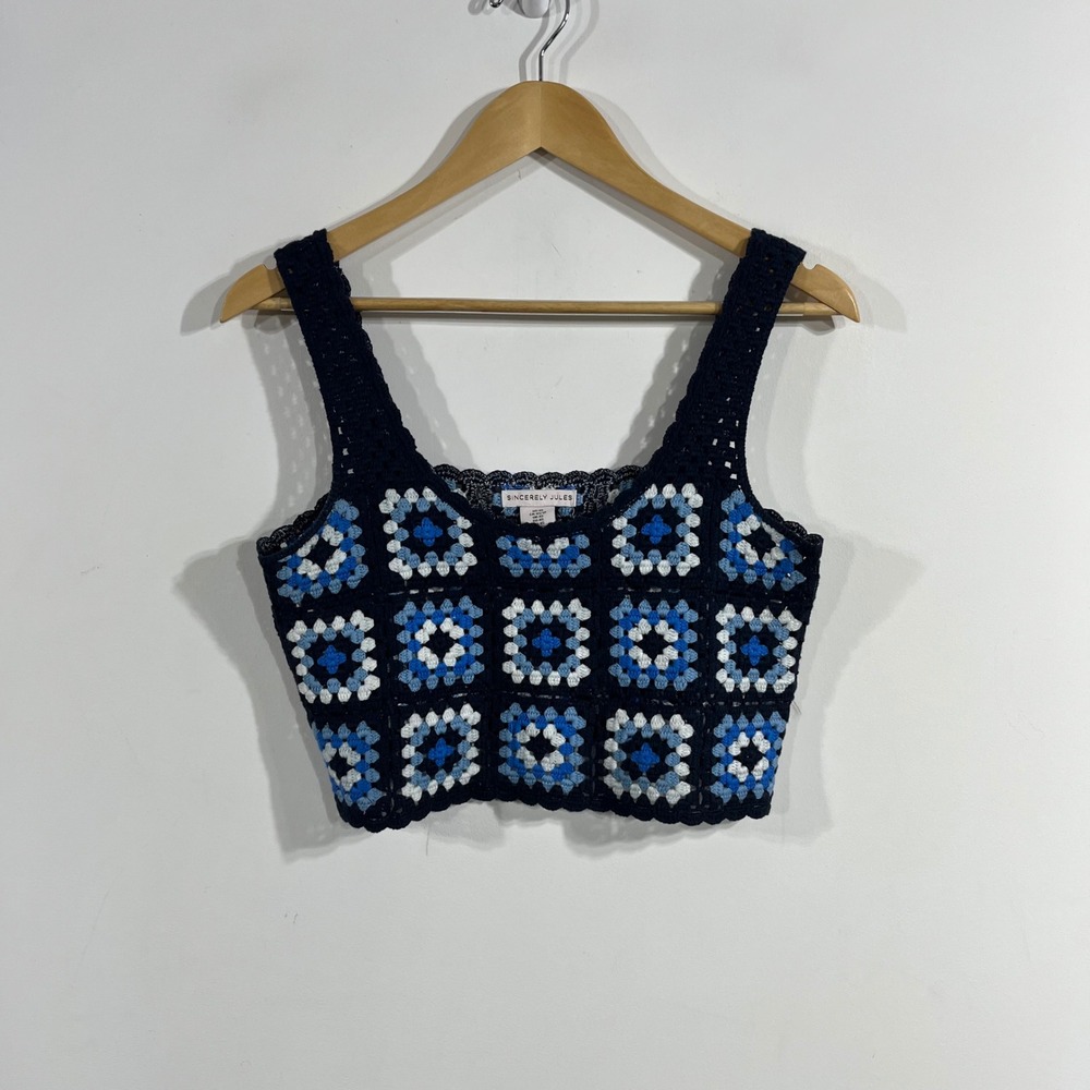 Sincerely Jules Boho Crochet Granny Square Crop Top Navy Womens XS Festival 90s